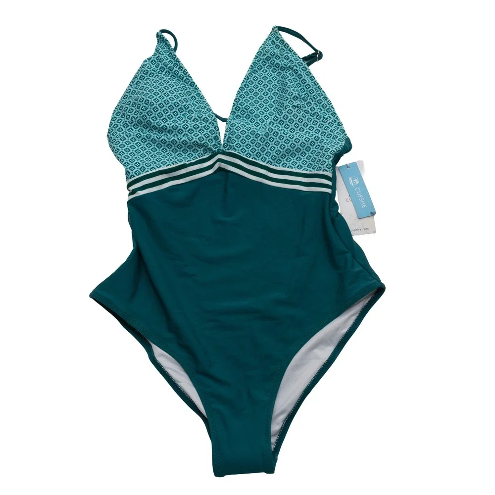 Cupshe One Piece Swimsuit Womens Small Teal Geometric Colorblock No Pads